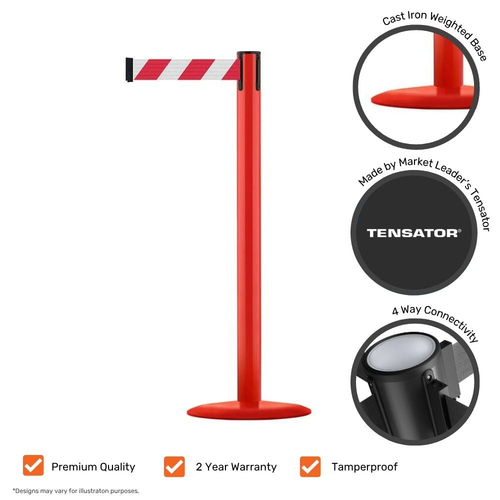 Red barrier post with striped webbing shown alongside icons highlighting premium quality, tamperproof design, 4-way connectivity, and branding from market leader Tensator.

