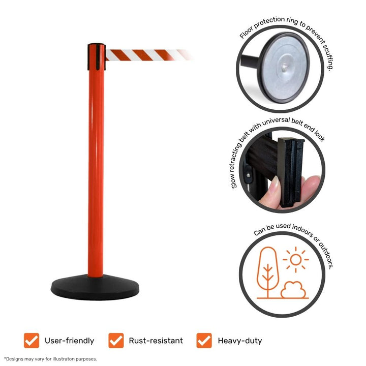 Red retractable safety barrier with white striped webbing showing features such as slow-retracting belt, floor protection, and indoor-outdoor usability.