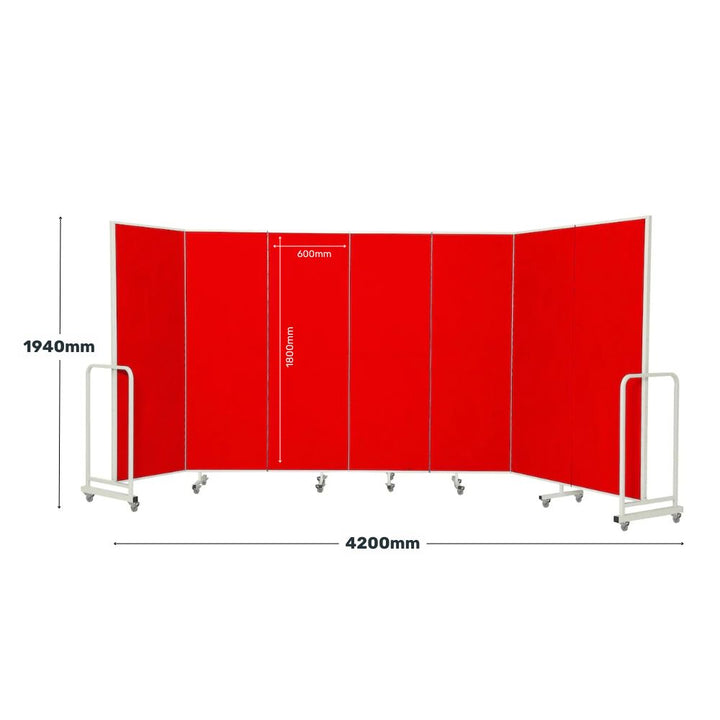 Measurement diagram of red seven-panel room divider showing a height of 1940mm and total width of 4200mm, with individual panel dimensions of 600mm width and 1800mm height.







