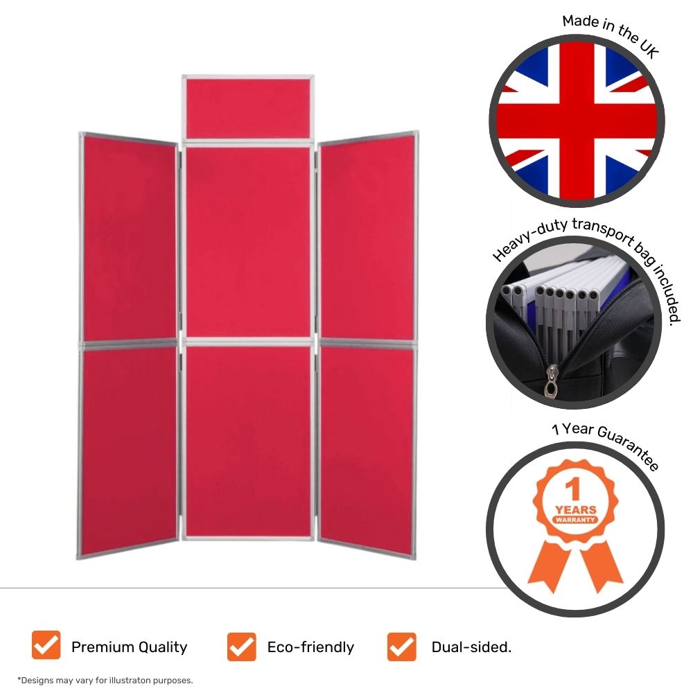 Red six-panel display board with icons indicating UK production, eco-friendly materials, and transport bag inclusion.

