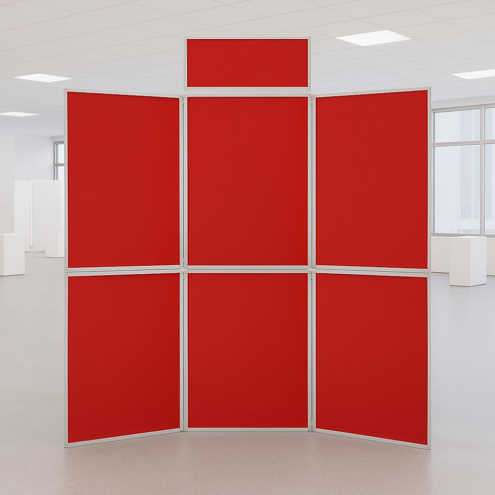 Six-panel red folding display board with silver aluminium frame and rectangular header, positioned in a spacious modern gallery with white display plinths and bright lighting.