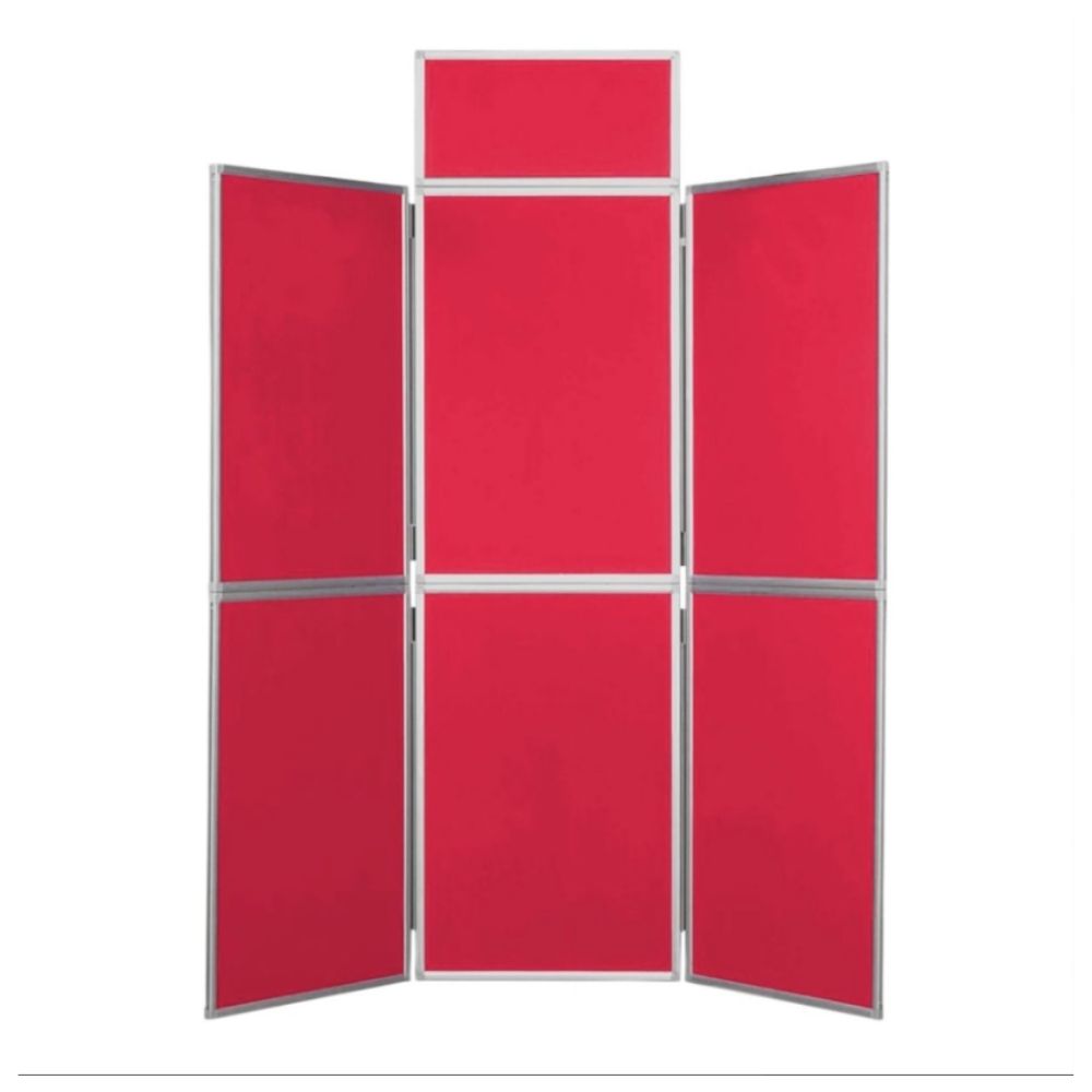 Six-panel red display board with silver frame, designed for educational, retail, or event use.

