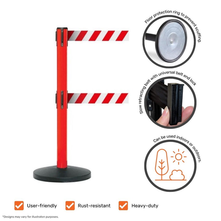 Red retractable barrier with white striped belts highlighting product features such as belt lock mechanism, rust resistance, and floor protection.