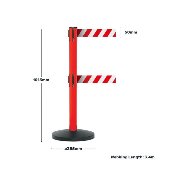 Red retractable barrier with white striped belts, showing measurements of height, belt width, base diameter, and webbing length.