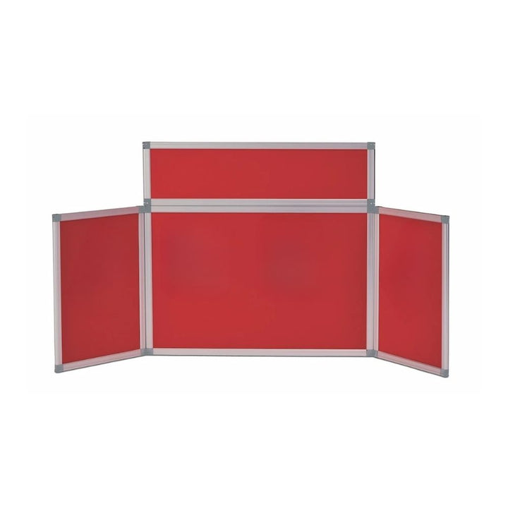 Folding red tabletop display board with three main panels and one header panel, framed in silver aluminium, shown fully open against a plain background.

