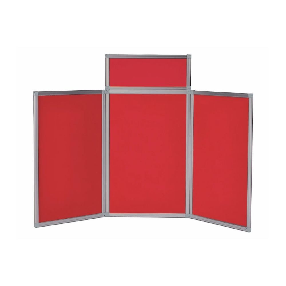 Red tabletop display board with three main panels and a rectangular header panel, shown fully extended against a plain white background with silver framing.

