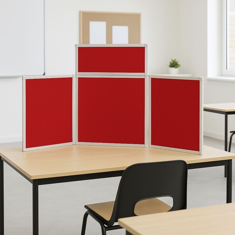 Red tabletop display board with silver aluminium frame placed on a school desk in a bright classroom, featuring black chairs and educational wall boards in the background.

