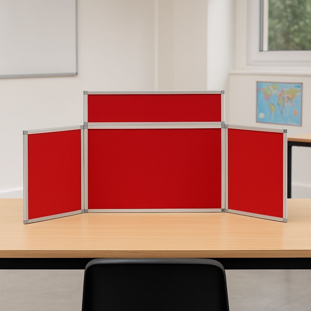 Folding red tabletop display board with three main panels and one header panel, framed in silver aluminium, shown fully open against a plain background.


