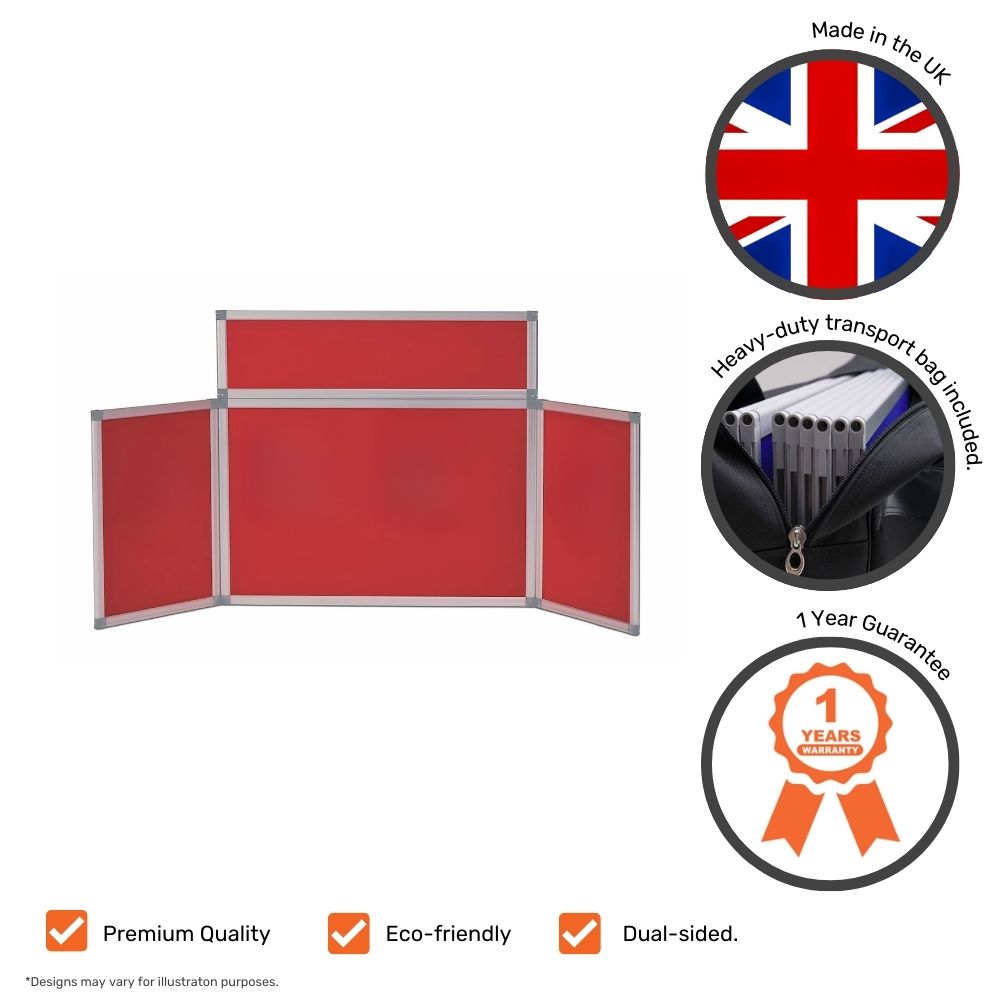 Red tabletop display board with premium quality, eco-friendly, and dual-sided icons, UK-made badge, transport bag image, and 1-year warranty ribbon shown alongside.