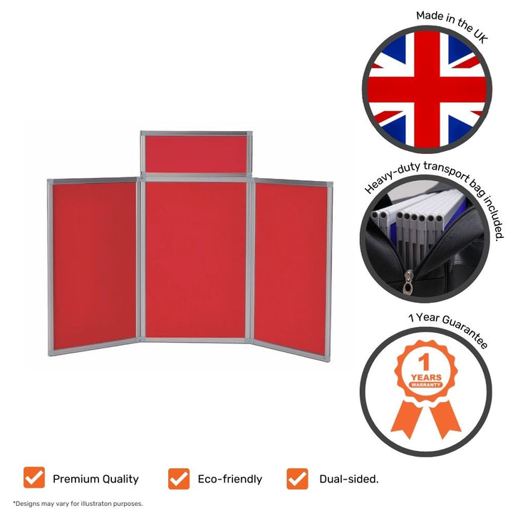 Red tabletop display board accompanied by icons highlighting UK manufacturing, transport bag inclusion, eco-friendliness, dual-sided use, and a 1-year warranty.

