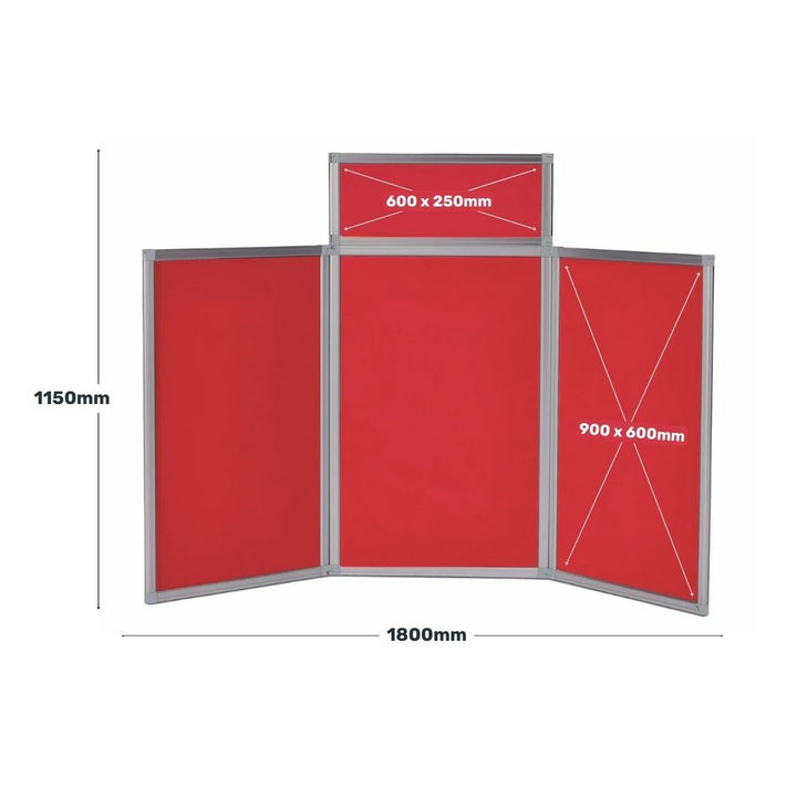 Diagram of red tabletop display board with silver frame, showing total height of 1150mm and width of 1800mm, with individual panel dimensions clearly labelled.
