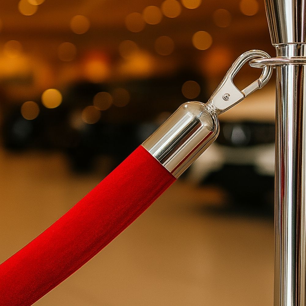 Premium red velvet barrier rope with polished chrome snap clip ends, ideal for elegant queue control in events, exhibitions, or VIP areas.