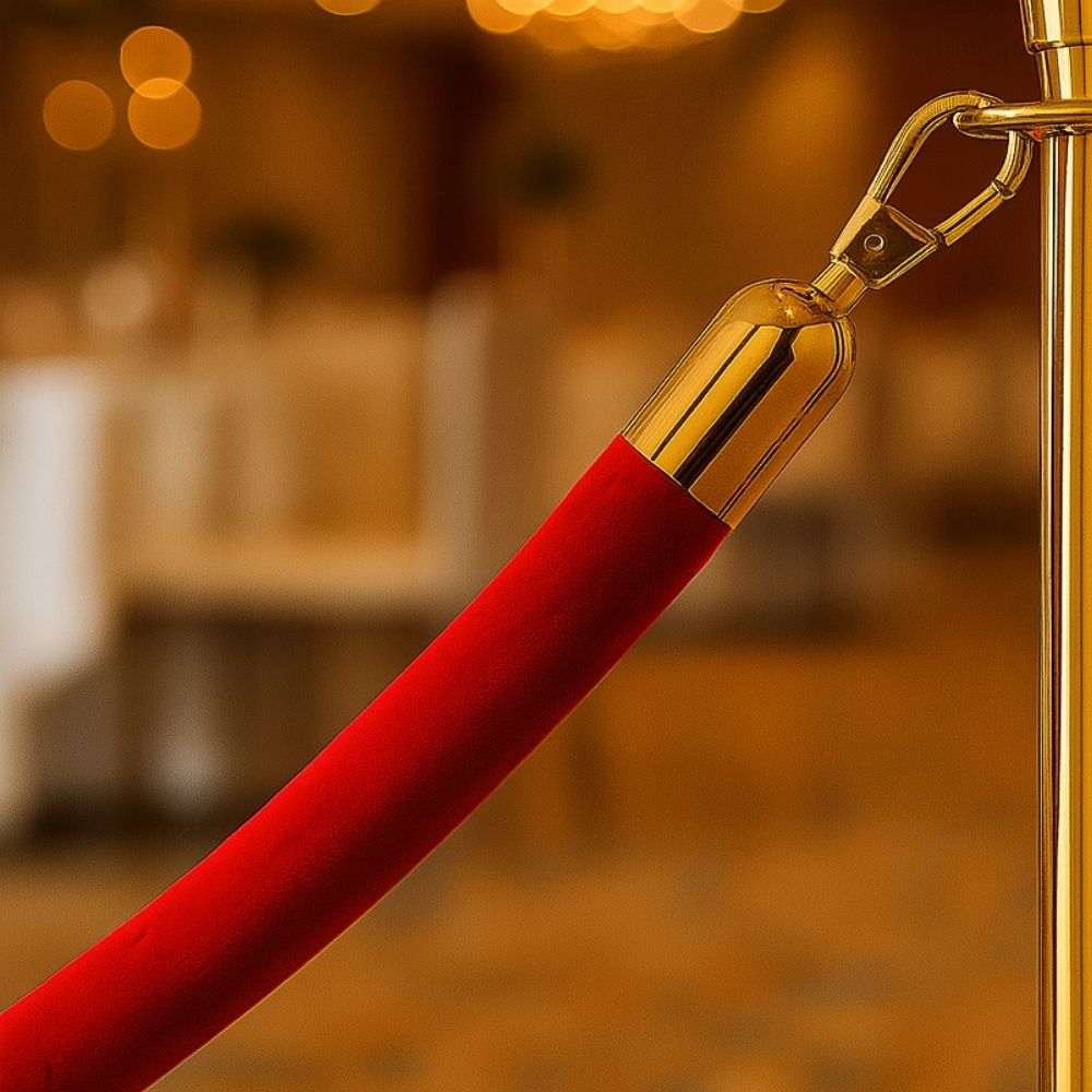 Premium red velvet barrier rope with elegant gold snap clip ends, designed for luxury events, crowd control, and VIP areas.
