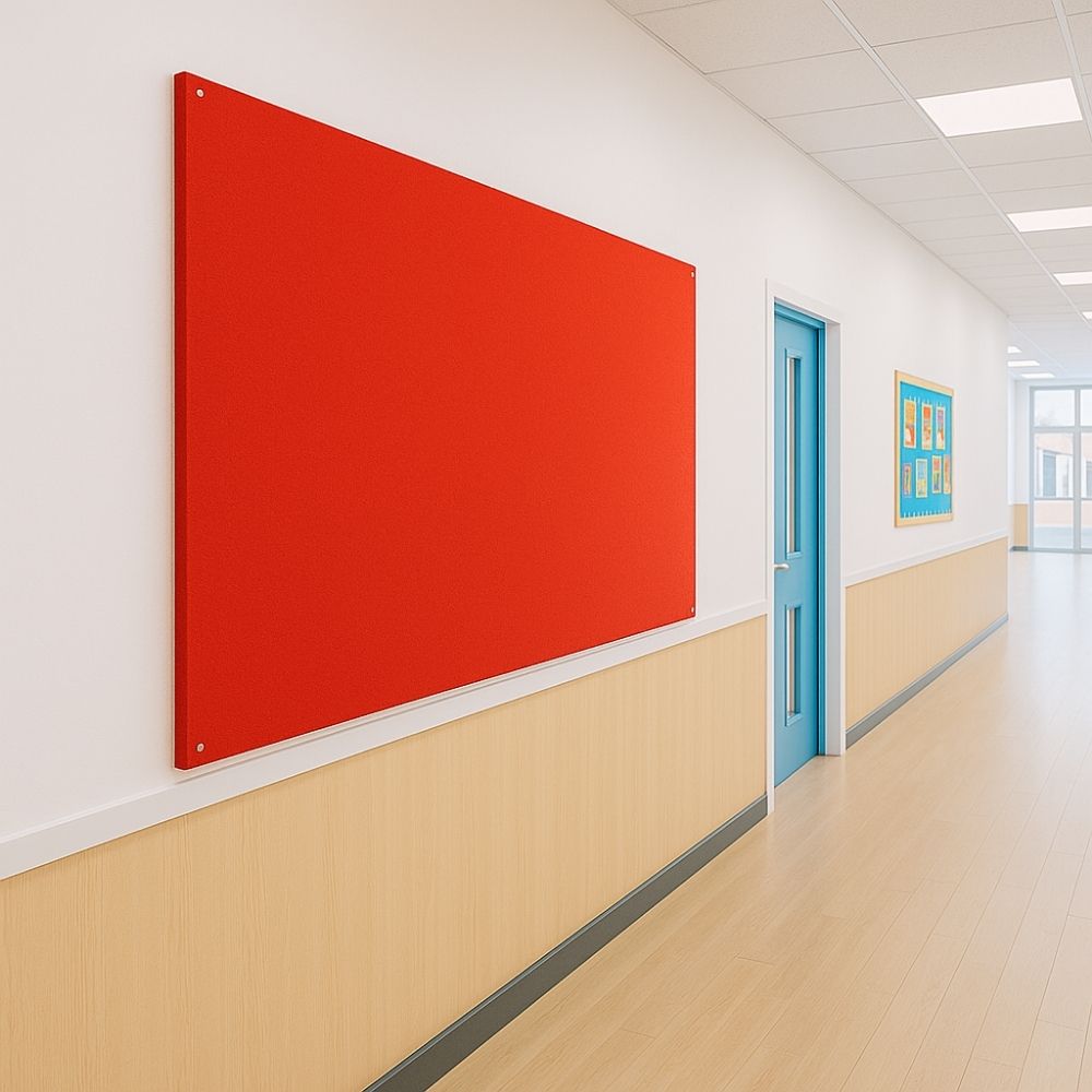 Red fabric noticeboard mounted on a white wall with wood-panelled lower section in a brightly lit school corridor, next to a blue classroom door and opposite another colourful display board.