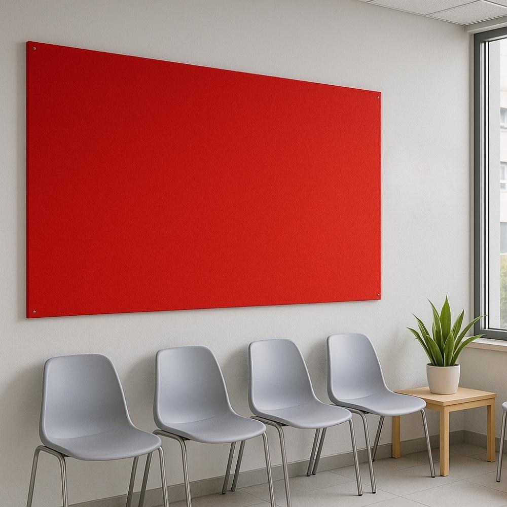 Red wall-mounted fabric noticeboard displayed in a modern waiting room with four grey plastic chairs, a small wooden table, and a potted plant next to a large window.
