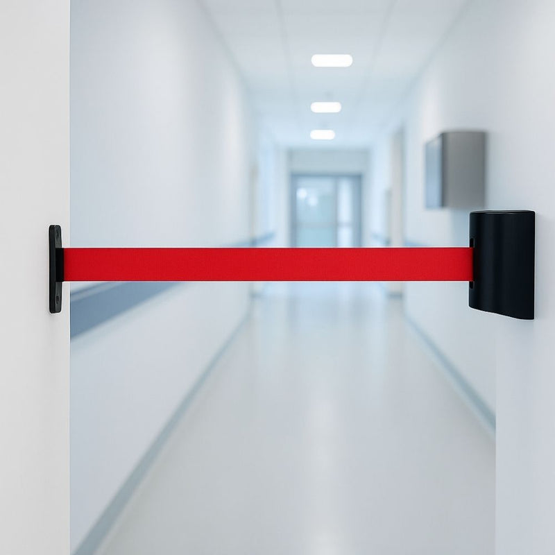 Wall-mounted retractable barrier with red webbing stretched across a bright, modern hallway.