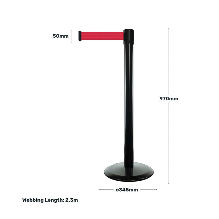 Diagram of black barrier post with red webbing showing detailed measurements including 970mm height, 345mm base diameter, 50mm webbing width, and a 2.3 metre webbing length.

