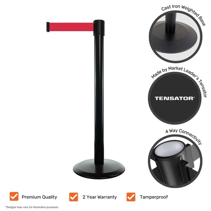 Single black barrier post with red webbing shown with icons highlighting cast iron base, tamperproof top, 4-way connectivity, and market leader branding by Tensator.

