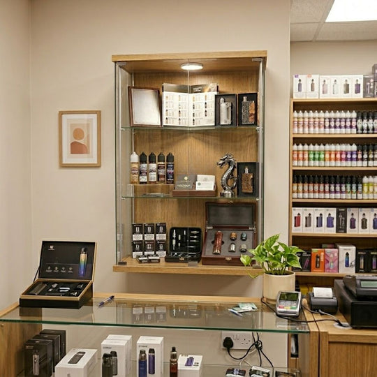 Oak Wall Mounted Double Door Display Cabinet with LED Light and 2 Adjustable Shelves - 600mm Wide