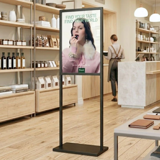 Black 1-Tier A1 Double Sided Steel Floor Standing Info-board Poster Display Stand - 656mm Wide x 1595mm High