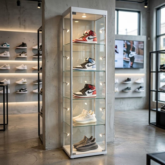 Silver Aluminium Glass Display Cabinet Lockable with 4 Adjustable Shelves & 10 LED Lights 1800mm High x 600mm Wide