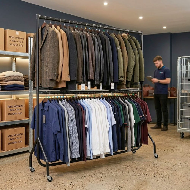 Jackets fill the upper tier and shirts the lower on a black steel garment rail, wheeled into a menswear stockroom beside stacked delivery cartons.
