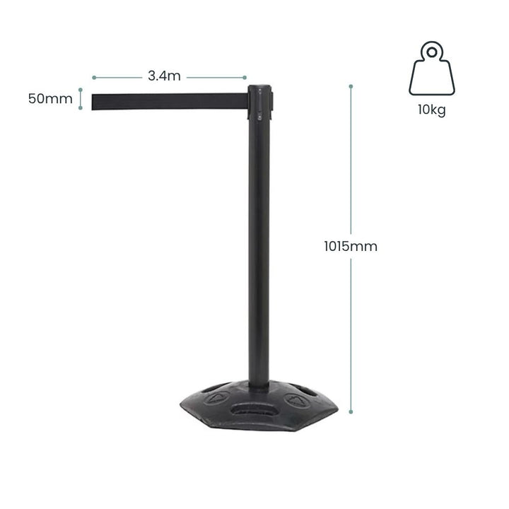 Black retractable barrier post with extendable belt, sturdy weighted base, and dimensions and weight displayed.