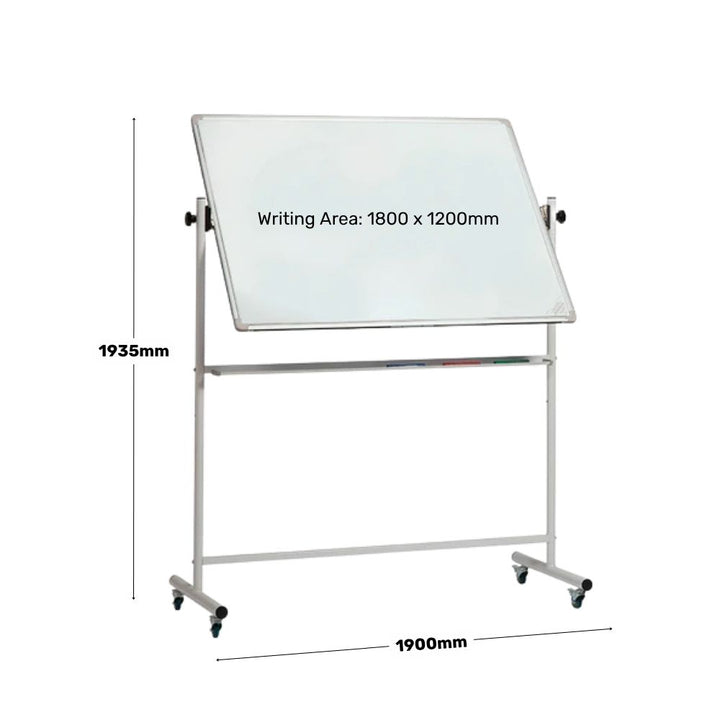 Dimension diagram of a revolving magnetic whiteboard with an 1800 x 1200mm writing area on a 1900mm wide mobile stand, 1935mm tall with a full-width pen tray.

