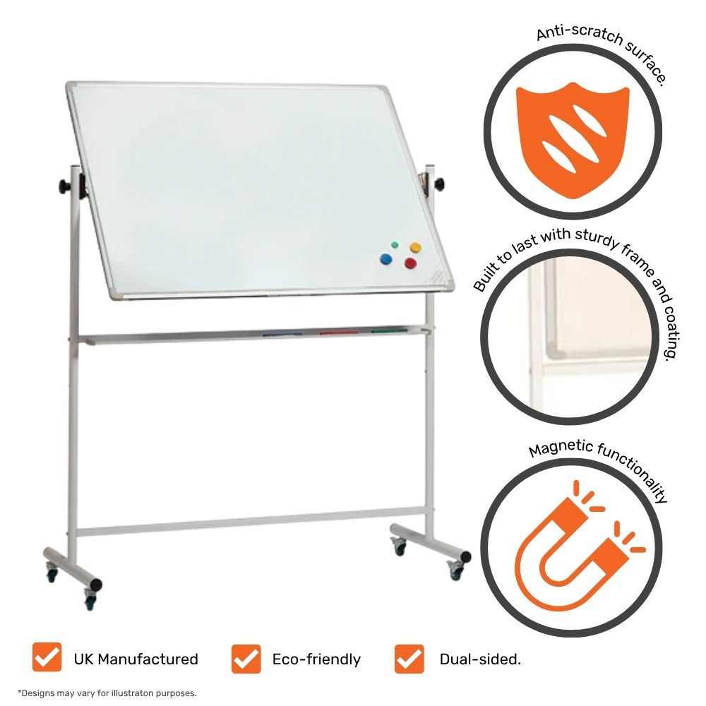 A mobile whiteboard with a magnetic, anti-scratch surface shown tilted on its pivoting axis. The board is supported by a sturdy steel frame with caster wheels and features four magnetic markers on the lower corner. Annotations highlight its UK manufacturing, eco-friendly materials, and dual-sided usability.

