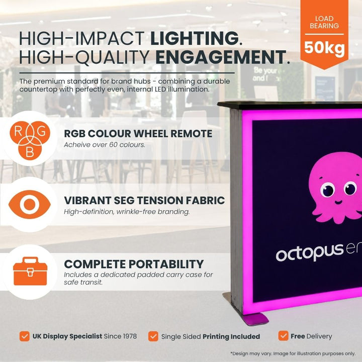 RGB LED promotional counter featuring SEG tension fabric branding, colour wheel remote control and portable exhibition display design.