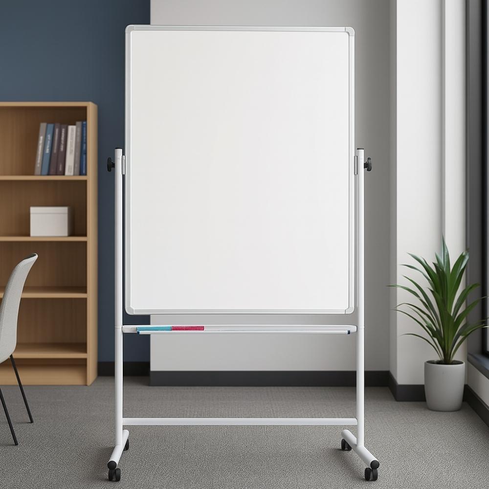 White rotating whiteboard with blue and red markers placed in a modern educational workspace.
