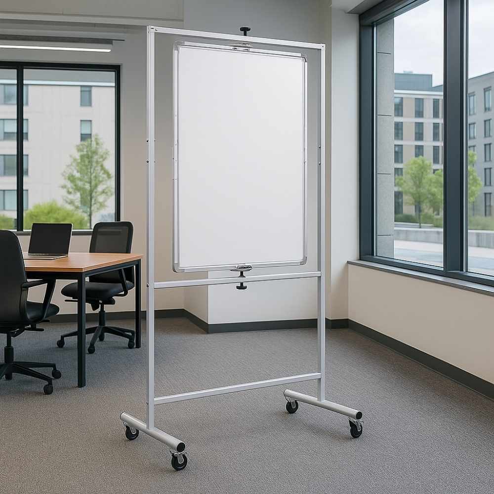 Rotating mobile whiteboard with silver frame and castor wheels, positioned in a bright modern office with carpet flooring and large windows overlooking a courtyard.

