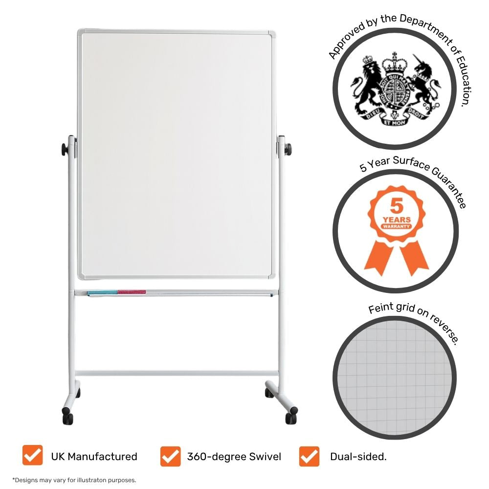 Height-adjustable rotating whiteboard with icons showing Department of Education approval and magnetic functionality.