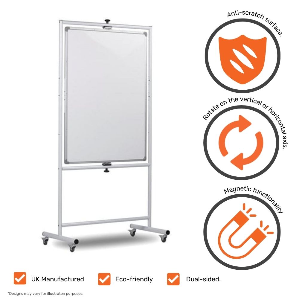 A mobile whiteboard on a wheeled stand, shown in portrait orientation. The whiteboard is dual-sided and magnetic, with an anti-scratch surface. Icons alongside highlight its ability to rotate between portrait and landscape modes, its magnetic functionality, durable construction, and UK-manufactured, eco-friendly credentials.

