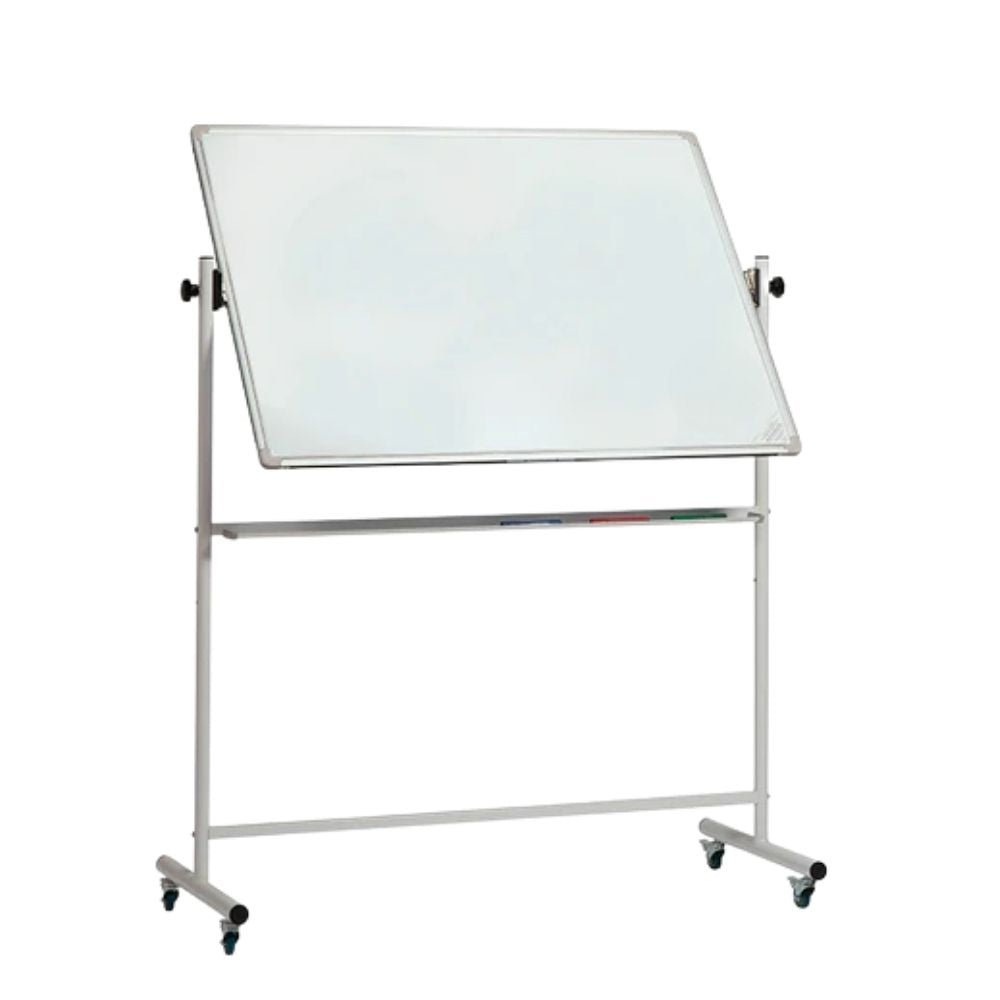 A large magnetic whiteboard with a silver aluminium frame mounted on a wheeled stand, shown in a partially rotated position for easy writing and display adjustment.