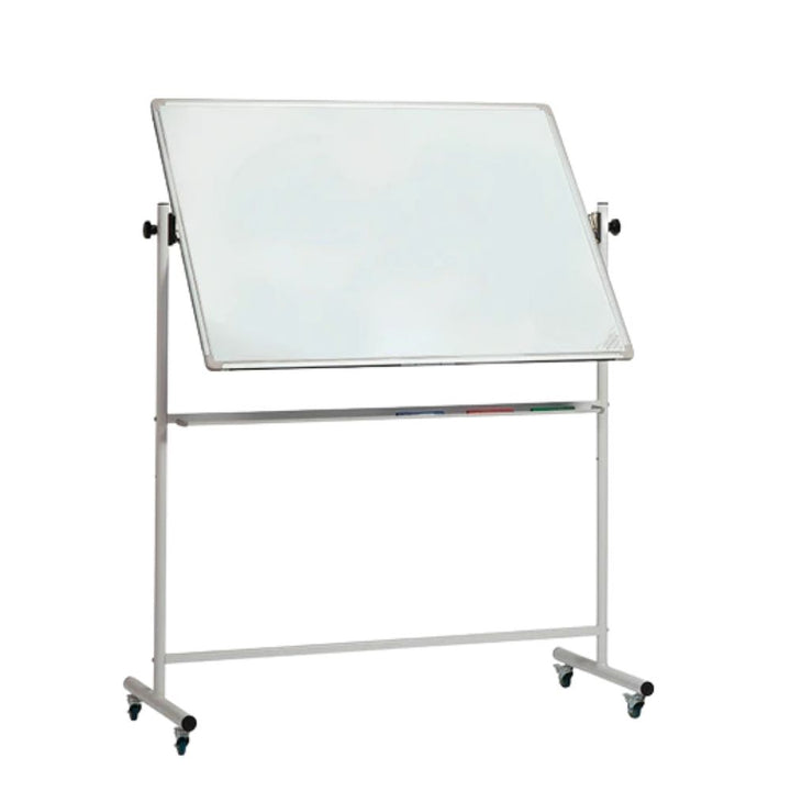 A large magnetic whiteboard with a silver aluminium frame mounted on a wheeled stand, shown in a partially rotated position for easy writing and display adjustment.