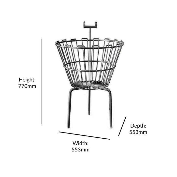 Dimension diagram of a black wire round dump bin showing 770mm height and 553mm width and depth, one bin depicted.
