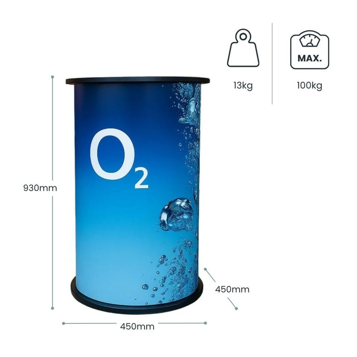 Dimension diagram for the 450mm round exhibition counter: 930mm tall, 450mm diameter, 13kg unit weight and 100kg maximum load capacity.
