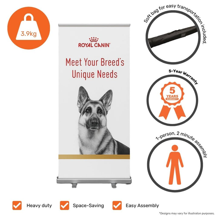Royal Canin marketing banner with German Shepherd graphic, surrounded by feature icons such as weight, transport bag, warranty, and easy assembly. Emphasises functional benefits of the banner system.


