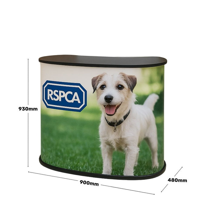 Curved trade show counter – 900mm wide with internal shelves and printed graphics for expos and retail promotions  