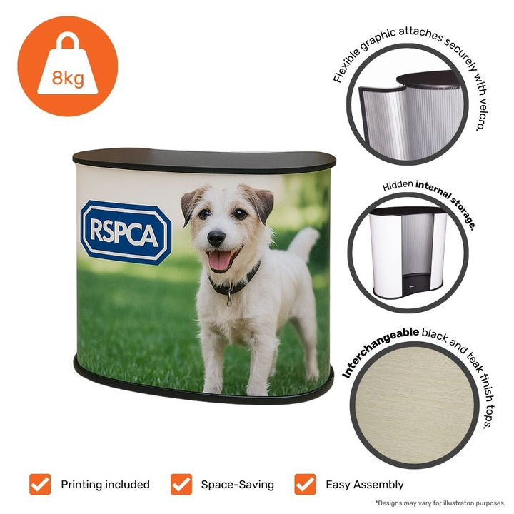 Compact 900mm curved display stand – PVC printed counter with storage shelves and wooden countertop for events  