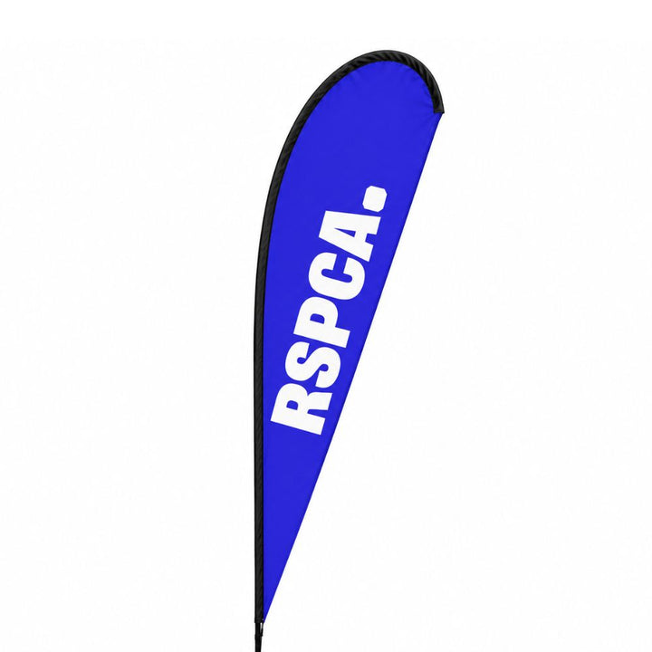 Blue RSPCA promotional teardrop banner designed for indoor charity events, fundraising campaigns and animal welfare awareness displays.