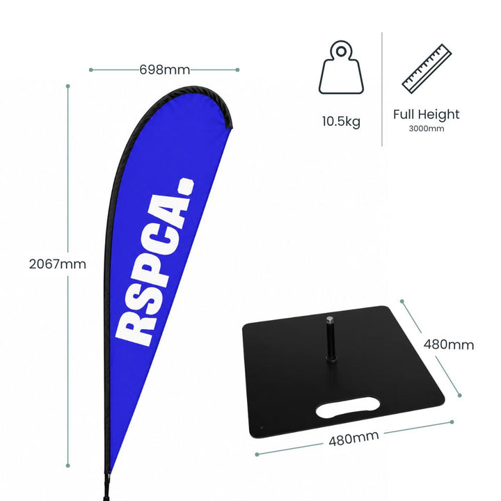 Specification image showing RSPCA teardrop flag dimensions with weighted indoor base and full 3000mm display height for promotional signage.