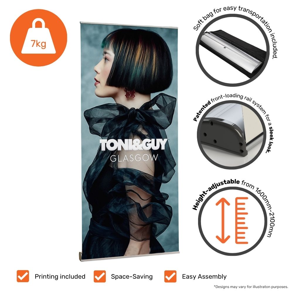 Roller banner kit with Toni & Guy Glasgow design, featuring soft carry bag, adjustable height options and sleek patented display system.

