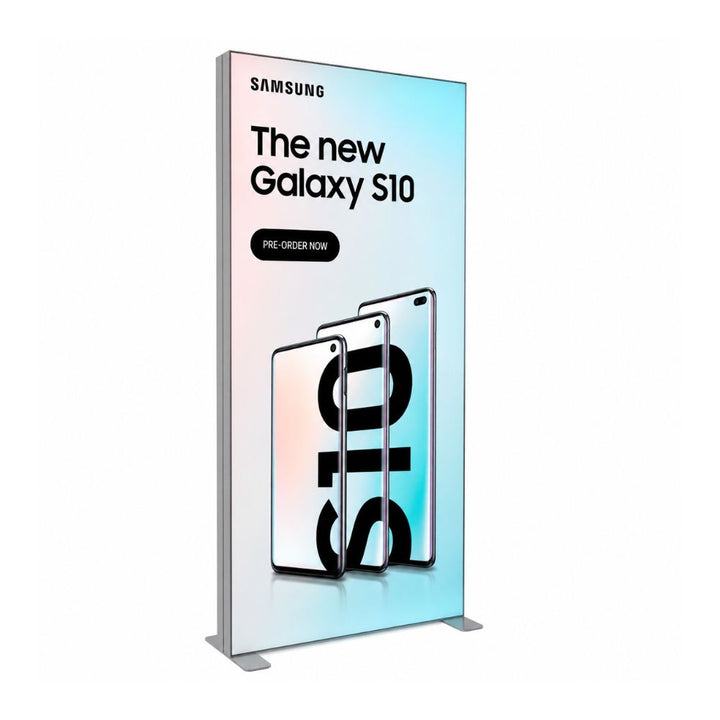 Freestanding Samsung Galaxy S10 advertising lightbox display featuring smartphone product imagery and pre-order campaign branding.