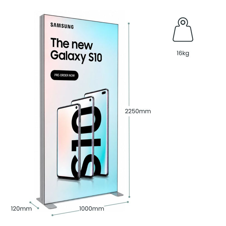 Samsung Galaxy S10 freestanding lightbox display with annotated dimensions, 16kg weight specification and illuminated retail graphics.