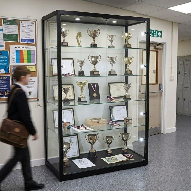 Lit glass trophy cabinet lines a school corridor, five shelves of cups, medals and framed certificates catching a pupil's eye as they pass.
