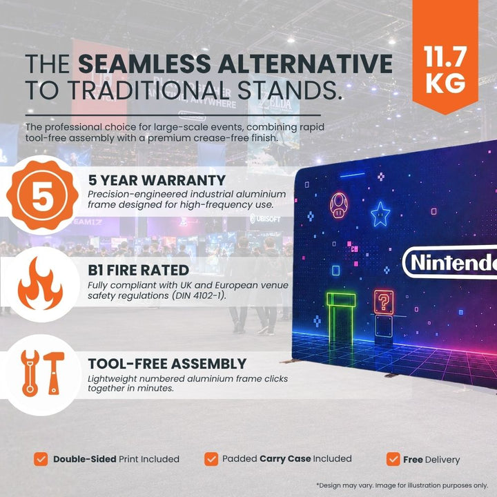 Promotional graphic for a seamless gaming exhibition wall display featuring tool-free assembly, fire-rated materials and lightweight aluminium frame.