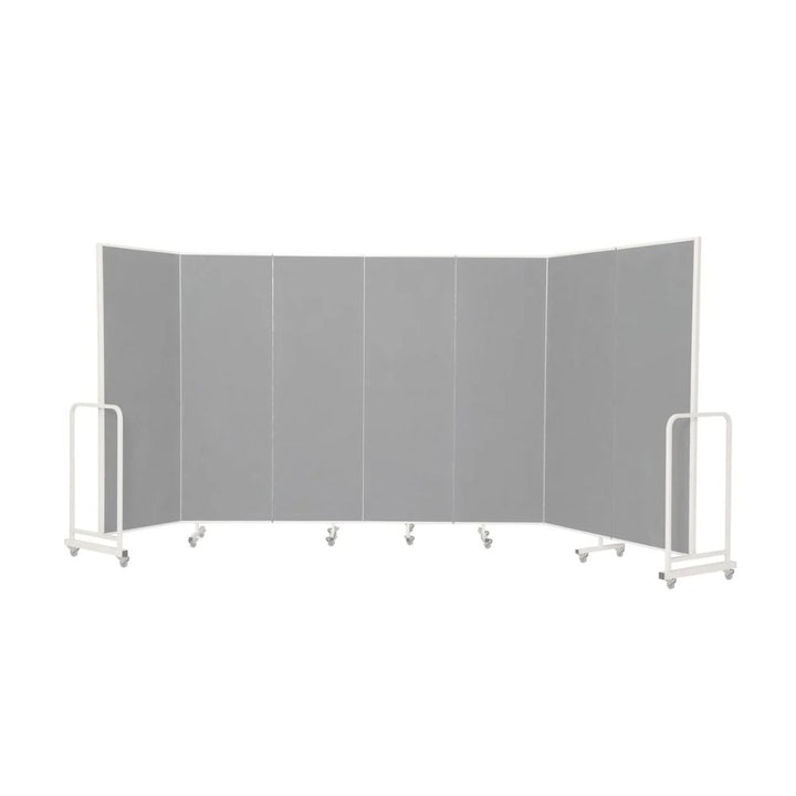 Seven-panel room divider featuring muted grey felt panels and a white frame, fully extended and displayed against a plain white background for a clear product view.

