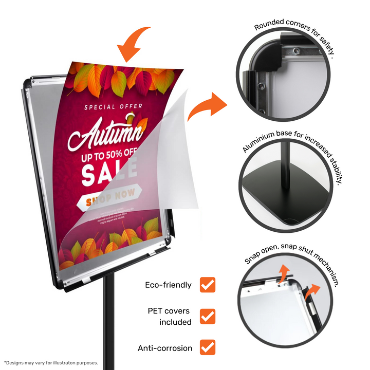 A3 floor display stand – silver snap frame with rounded corners and flexible viewing angle for posters